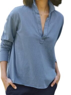 Frank & Eileen Patrick Popover Henley Collared Shirt Heritage Jersey Slate Blue